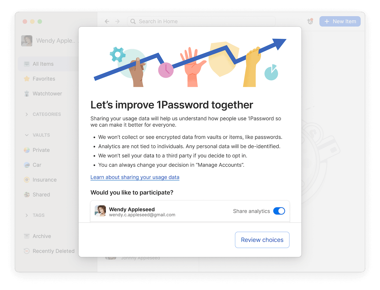 A screenshot showing the in-app message for 1Password's privacy-preserving telemetry system. A screenshot showing the in-app message for 1Password's privacy-preserving telemetry system.