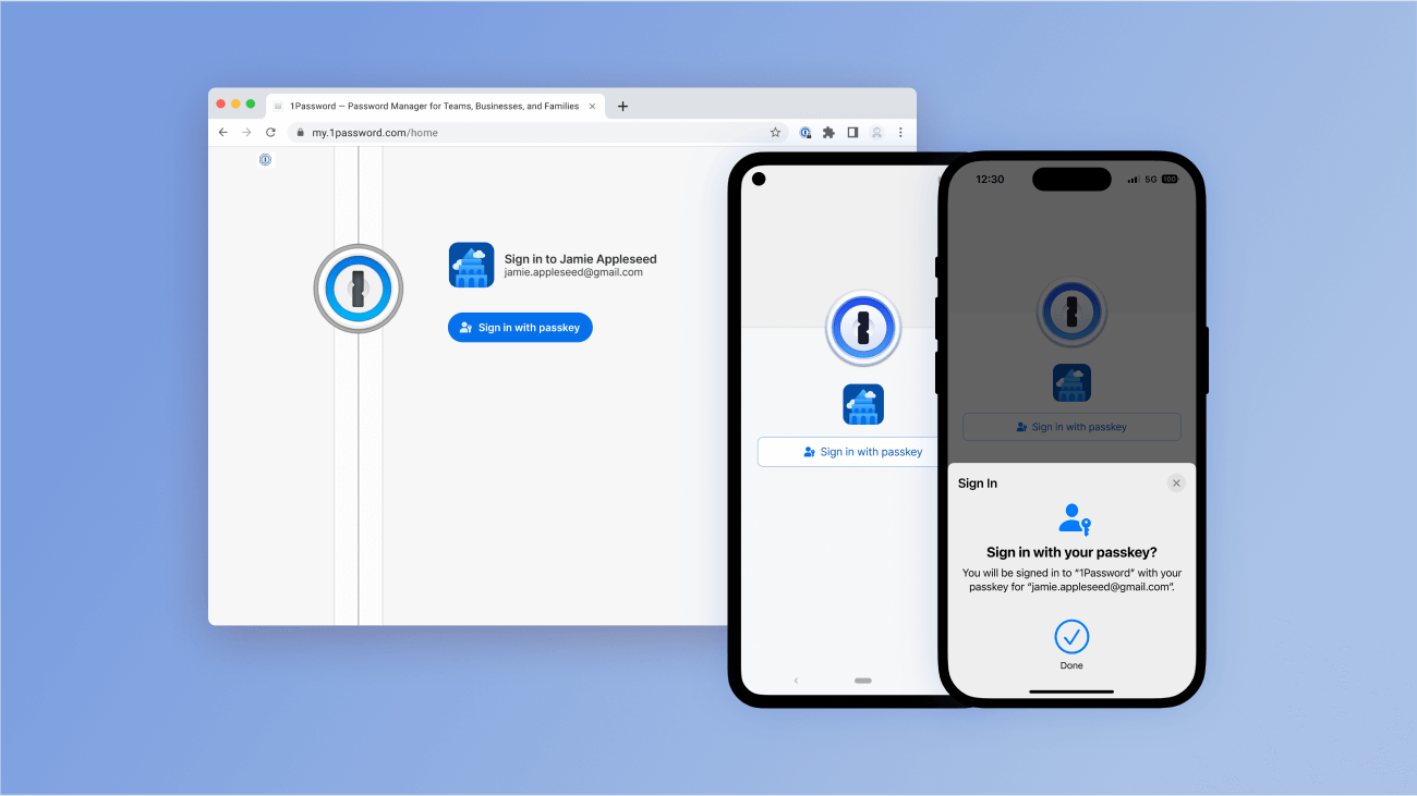 Three devices showing the option to sign in to 1Password with a passkey. Three devices showing the option to sign in to 1Password with a passkey.