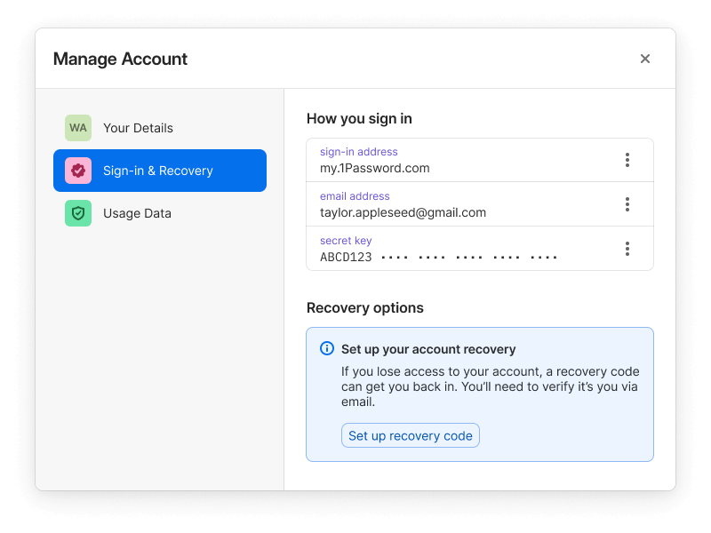 The Sign-in and Recovery screen in the 1Password app . The Sign-in and Recovery screen in the 1Password app .