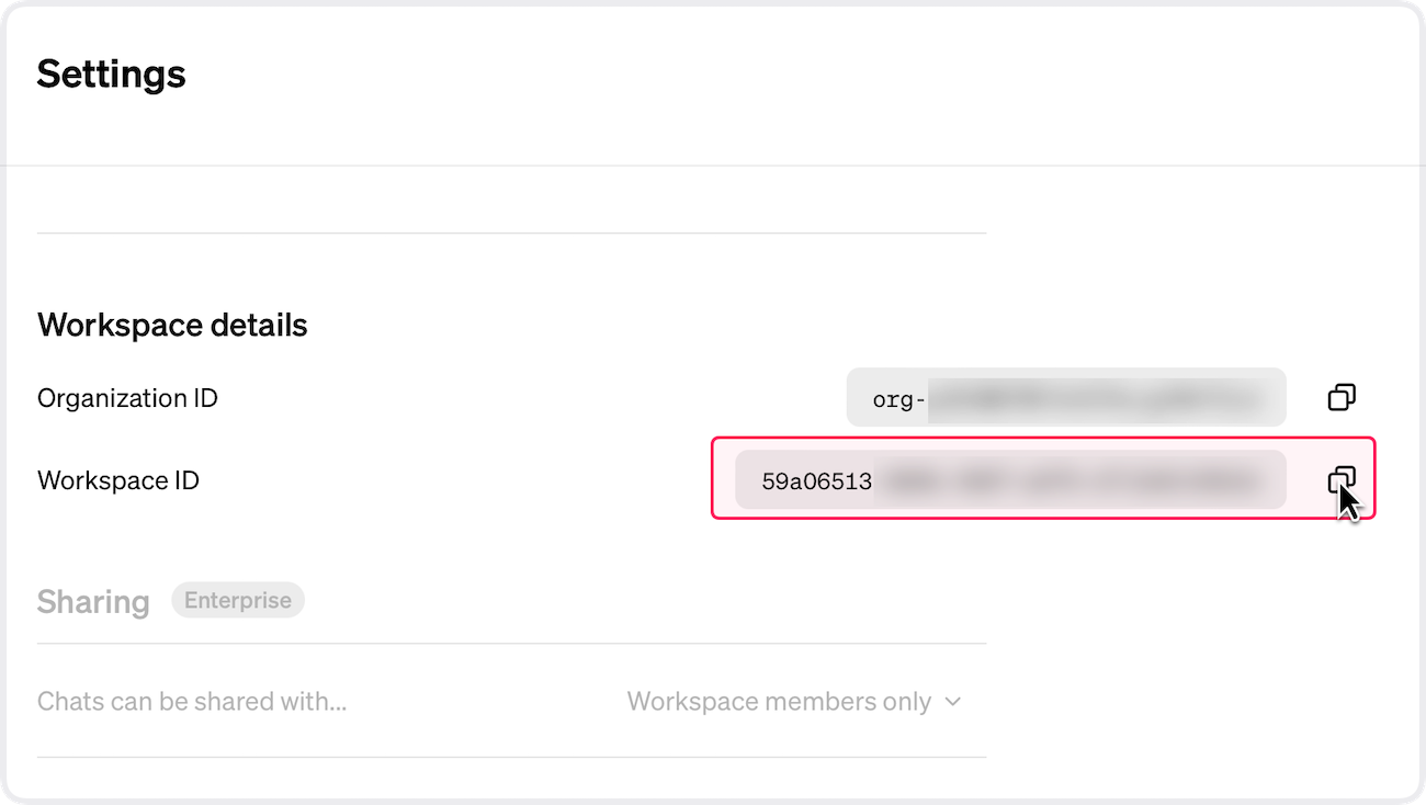 A screenshot of the ChatGPT admin portal, with the Workspace ID field highlighted. A screenshot of the ChatGPT admin portal, with the Workspace ID field highlighted.
