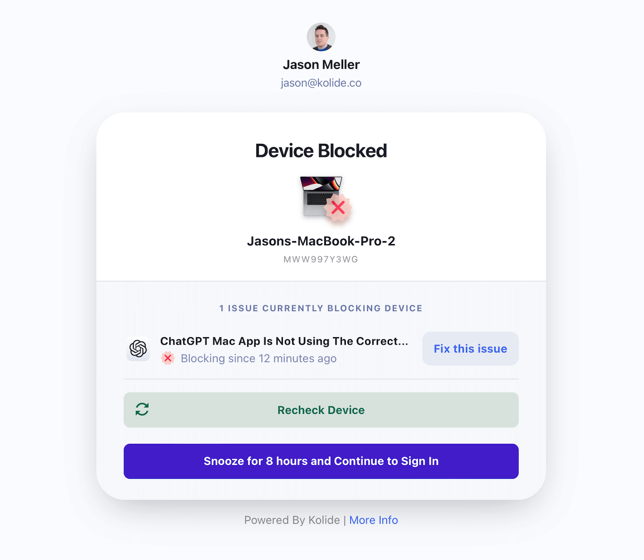 screenshot of Kolide showing that Jason Meller's MacBook Pro has been blocked from using ChatGPT because they're using a personal account. screenshot of Kolide showing that Jason Meller's MacBook Pro has been blocked from using ChatGPT because they're using a personal account.