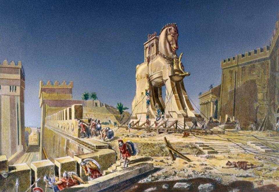 A drawing of a classic trojan horse. A drawing of a classic trojan horse.